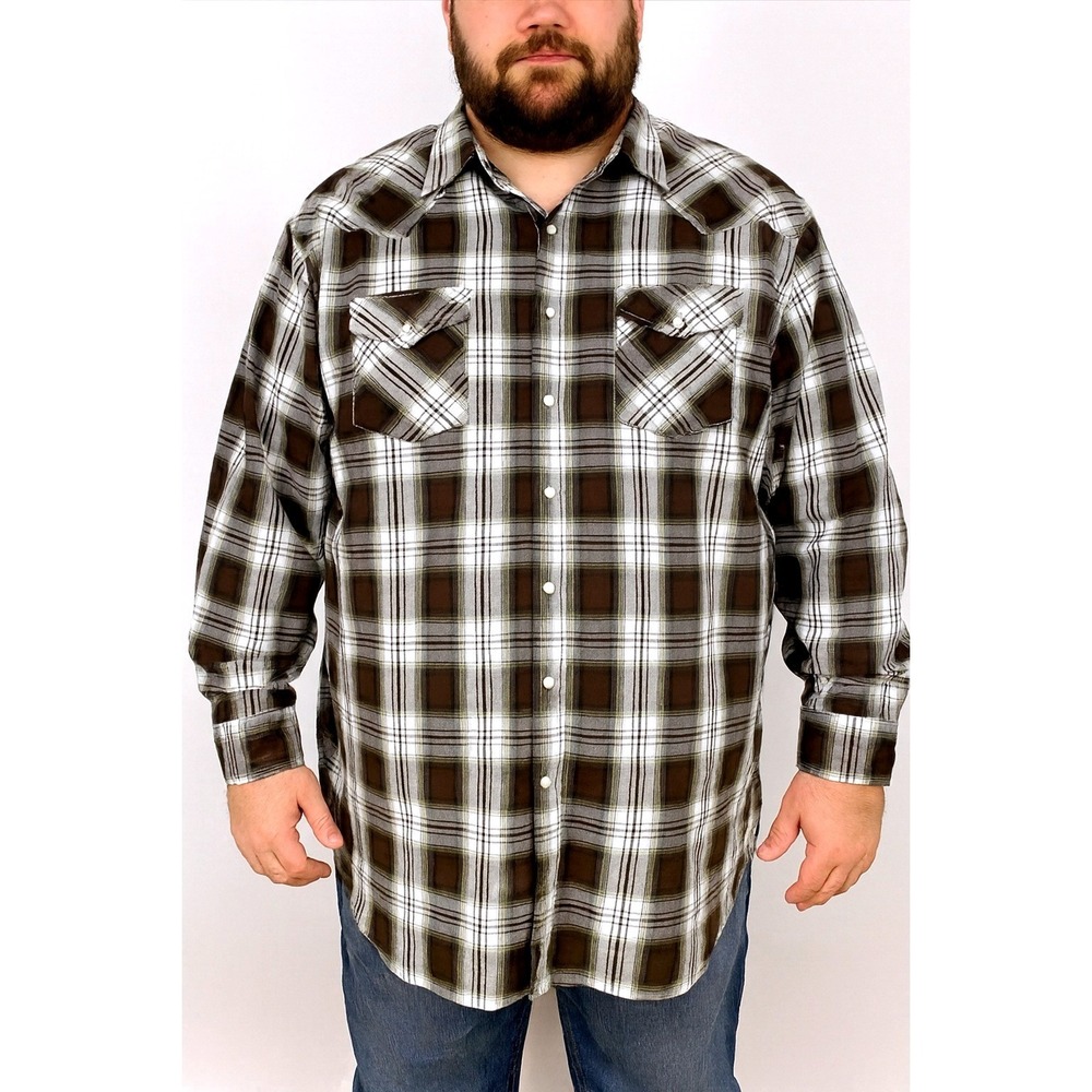 Plains Western Wear Big Man Pearl Snap 2X Brown Plaid‎ Long Sleeve Western Shirt